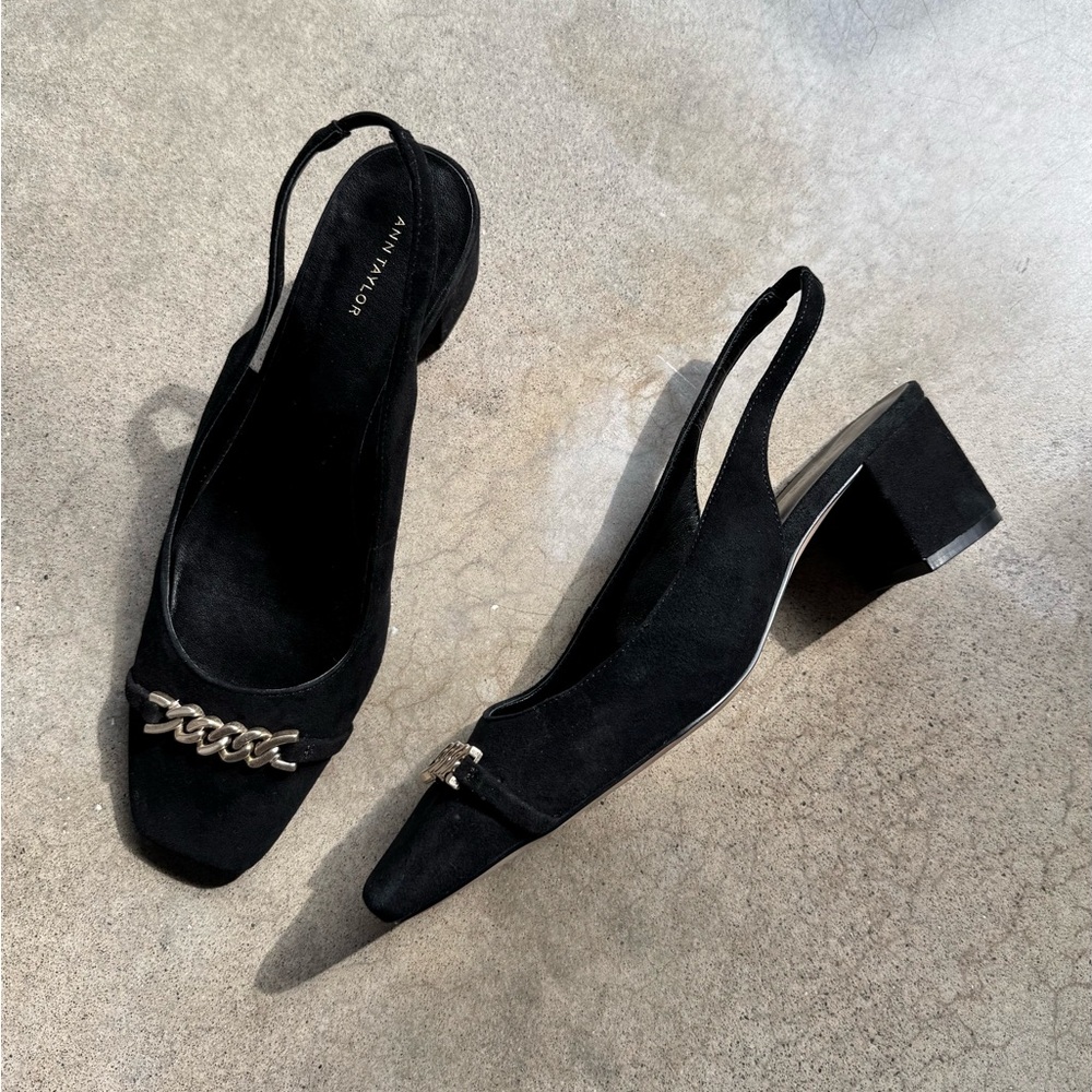 Ann Taylor Chain Detail Black Suede Slingback Heels
